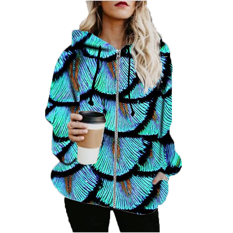 

day by day 3D printing Zipper Hoodied& Sweatshirts Jacket Sports Fall & Winter Regular Coat Loose Active Streetwear Long Sleeve Print Going Out, Black