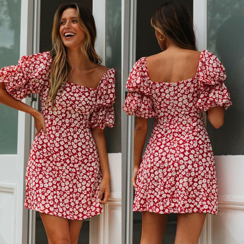 

women dress red floral short puff sleeve natural boho mini summer casual party beach sundress, Black;gray