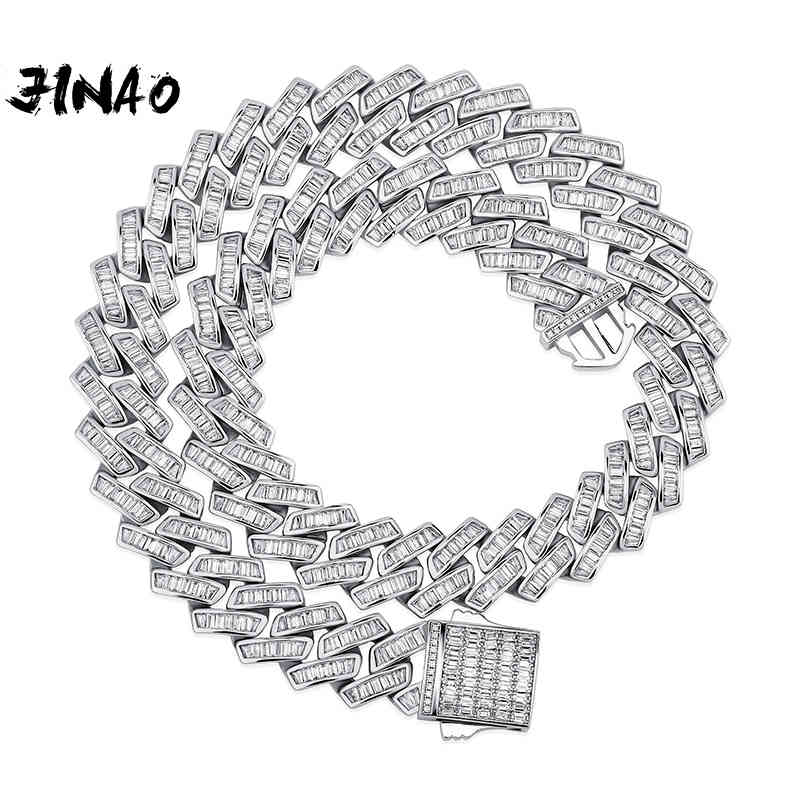 

JINAO 18mm Baguette Prong Cuban Link Necklace AAA+ CZ Iced Out Chain Hip Hop Fashion Luxury Bling White Gold Chain For Gift X0509