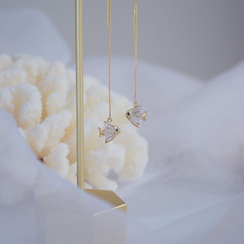 

Stud 14k Real Gold Plated Fashion Jewelry Crystal Fish Exquisite Long Chain Earrings For Woman Holiday Party Elegant Cute Earring