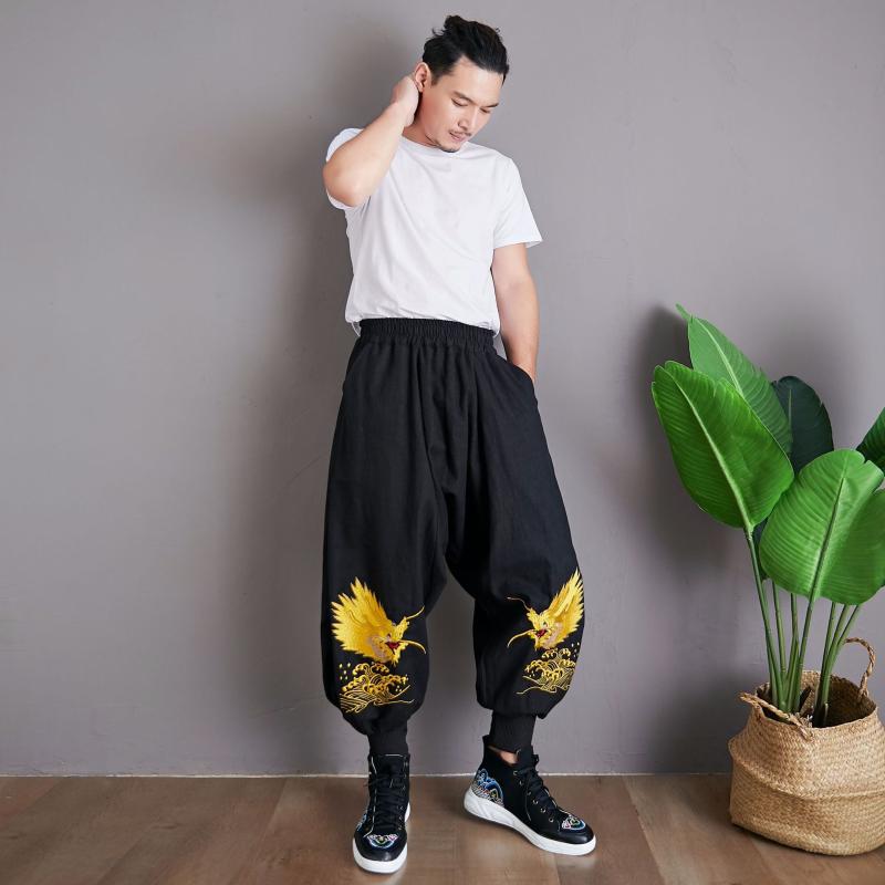 

Chinese Sea Dragon Pants Literary Style Embroidery Ramie Casual Low Crotch Trousers Closing Leg Section Men, Black