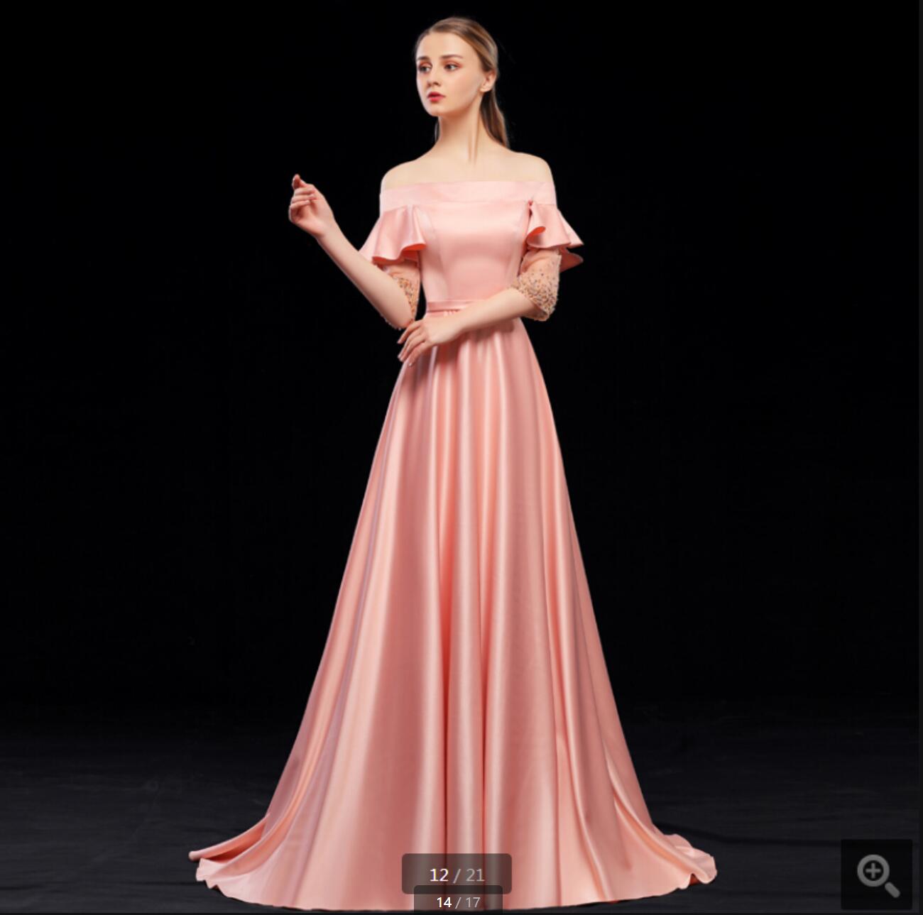 

2021 Vestido De Festa pink satin a line evening dresses off the shoulder short sleeve beading pearls elegant prom gowns red carpet court train formal party dress, Ivory