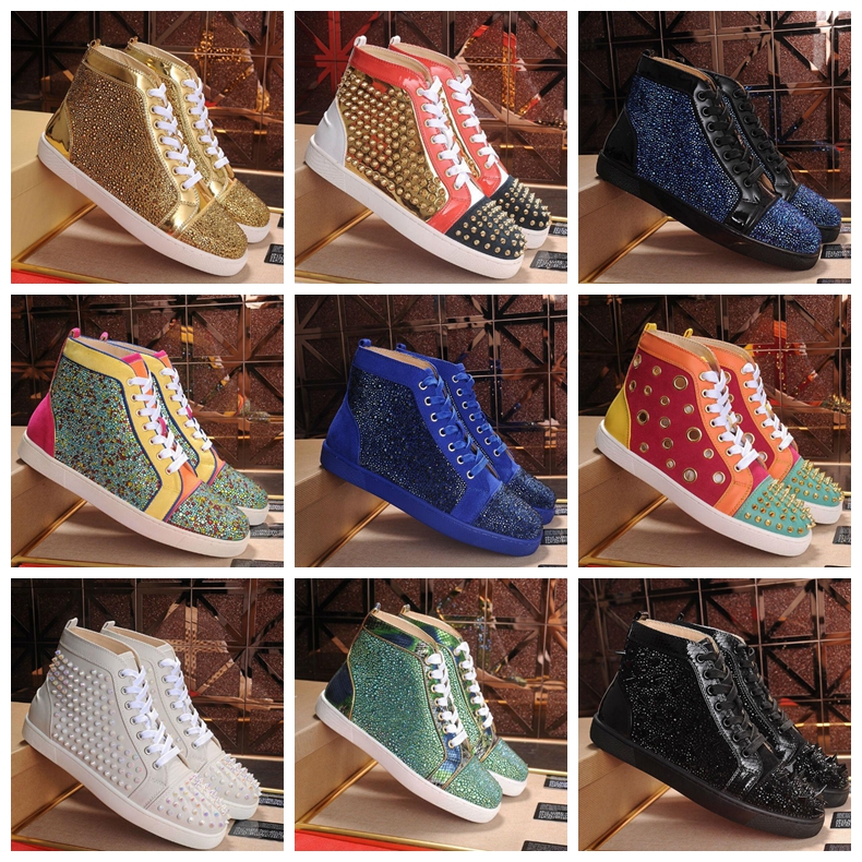 

Red Bottoms Shoes Studded Spikes Shoe Men Women Flat Designer Sneakers Low Cut Sneaker Suede Glitter Party Lovers Wedding Genuine Leather Box Included 39 Colors, #23