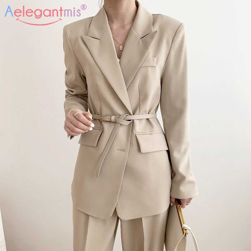 

Aelegantmis Loose Casual Women Blazers Korean Student Long Sleeve Pocket Jacket Office Lady Business Coat Sashes 210607, Beige
