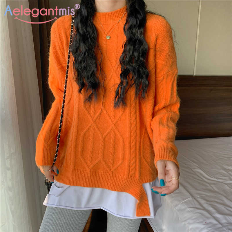 

Aelegantmis Fake Two Piece Knitted Twist Sweater Women Casual Warm Patchwork Loose Pullover 6 Colors O Neck Korean Jumpers Chic 210607, White