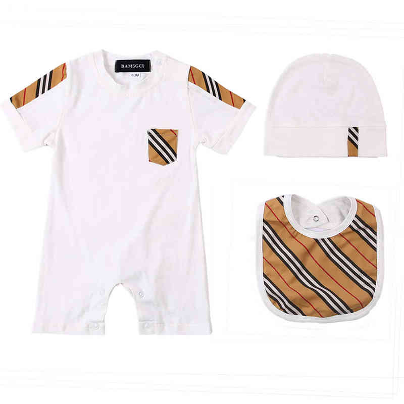 

New Summer 3pcs fashion newborn baby clothes Plaid striped cotton short-sleeved boys girl romper and shoes hat bibs matching Set G220223, 2343 white
