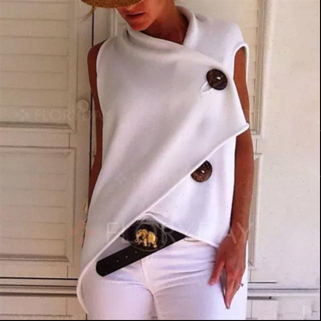 

korean unicorn cotton regular womens t shirts broadcloth solid design sense big button irregular sleeveless shirt woman, White
