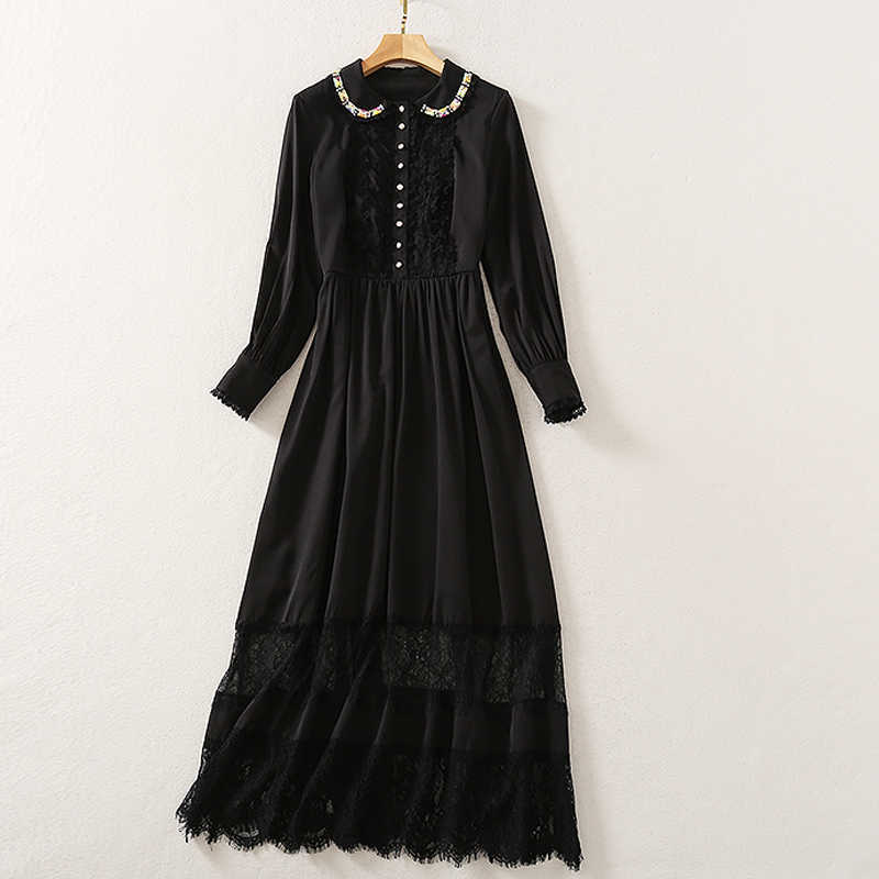 

HIGH QUALITY est Designer Fashion Women's Long Sleeve Peter Pan Collar Dress 210526, Black