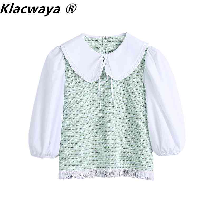 

Women Fashion Cute Patchwork Textured Tassel Cropped Blouses Vintage Long Sleeve Female Shirts Blusas Casual Tops 210521, As shown