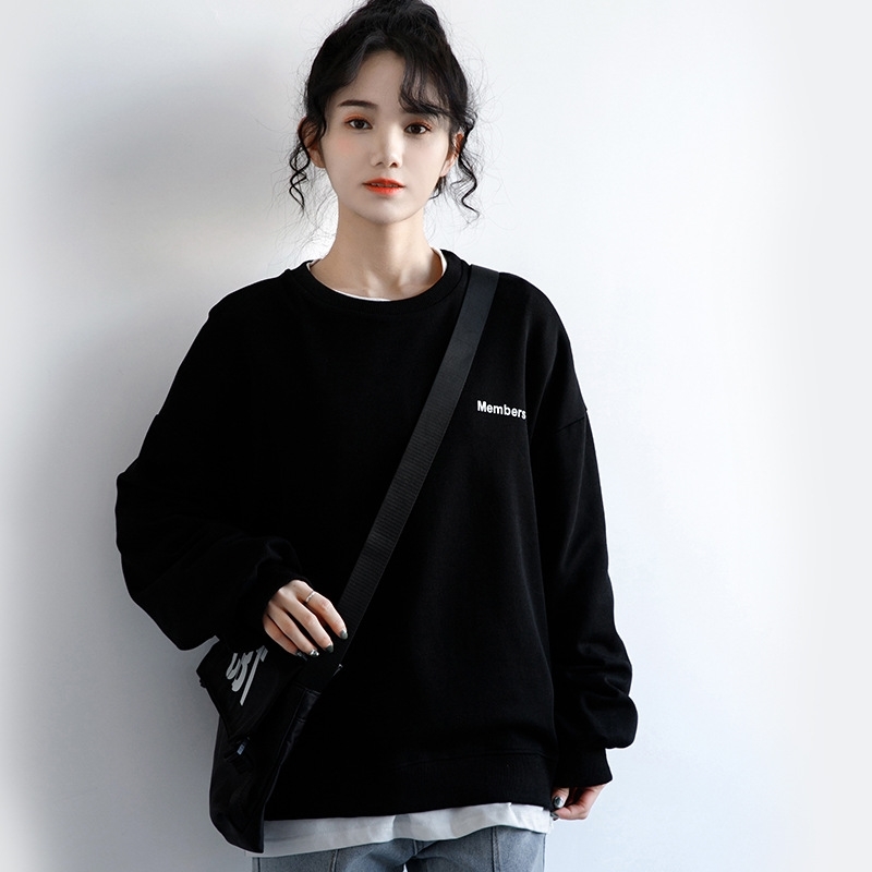 

2021 spring and autumn new versatile solid color round neck sweater women's fashion in loose thin black long sleeve Pullover Top, Solid color;black