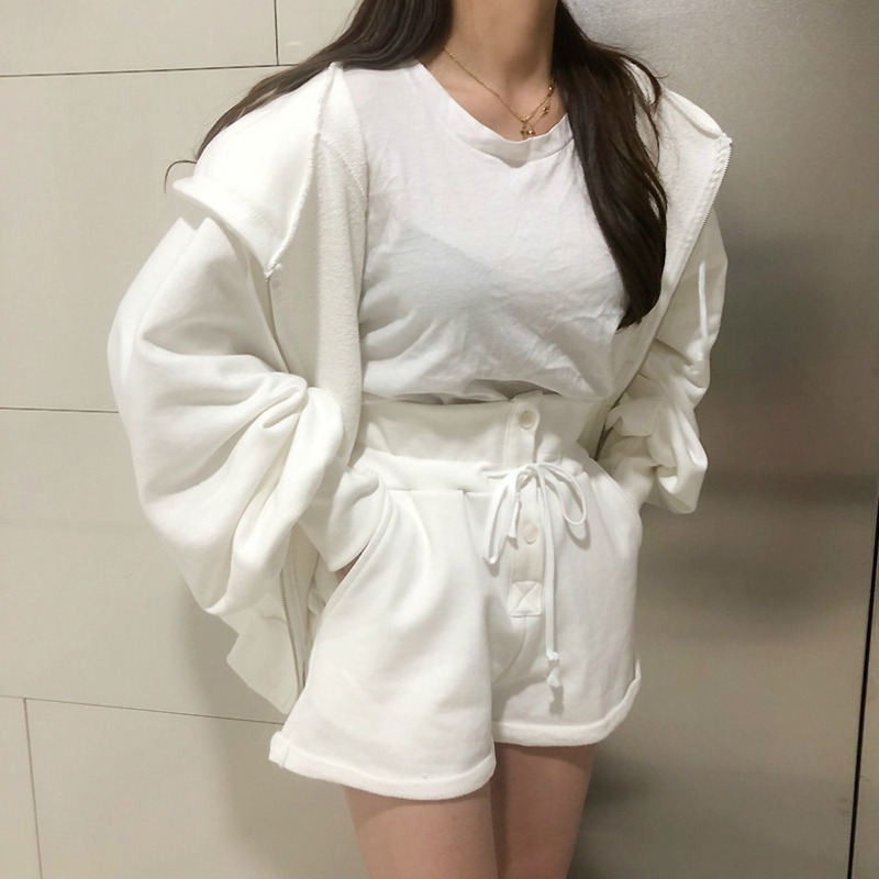 

Spring Cotton Solid Two Piece Set Outfits Female Hooded Zipper Puff Sleeve Long Sweatshirts With Wide Leg Short MJ095 210525, Black