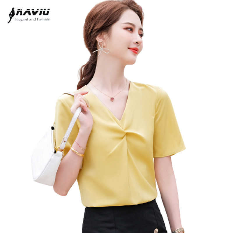 

Chiffon Shirt Women Summer Short Sleeve Temperament V Neck Formal Yellow Thin Blouses Office Ladies Work Tops White 210604