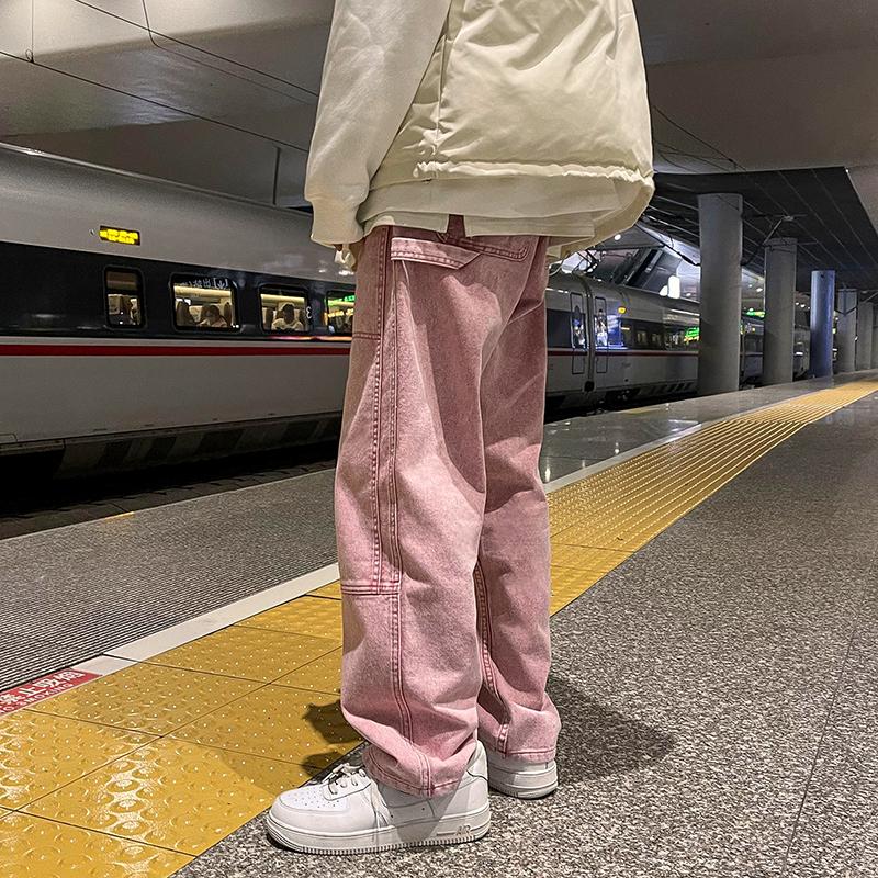 

Men's Jeans Loose Straight Jean Pants Men Solid Color Casual Baggy Homme Cargo Denim Trousers Pink/Black/Blue