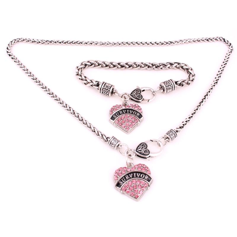 

Earrings & Necklace 5set A Lot Lobster Claw Wheat Link Chain With Large Clasp Heart Crystal SURVIVOR Bracelet Set, Silver