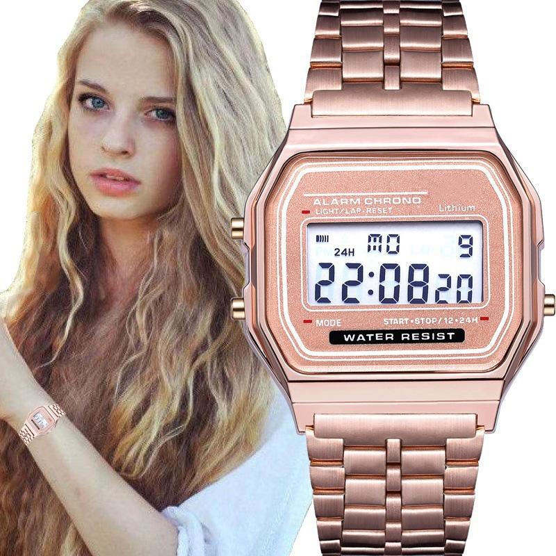 

Luxury Rose Gold Women Digital Watch Ultra-thin Steel LED Electronic Wrist Luminous Clock Ladies Montre Femme Wristwatches, Slivery;brown