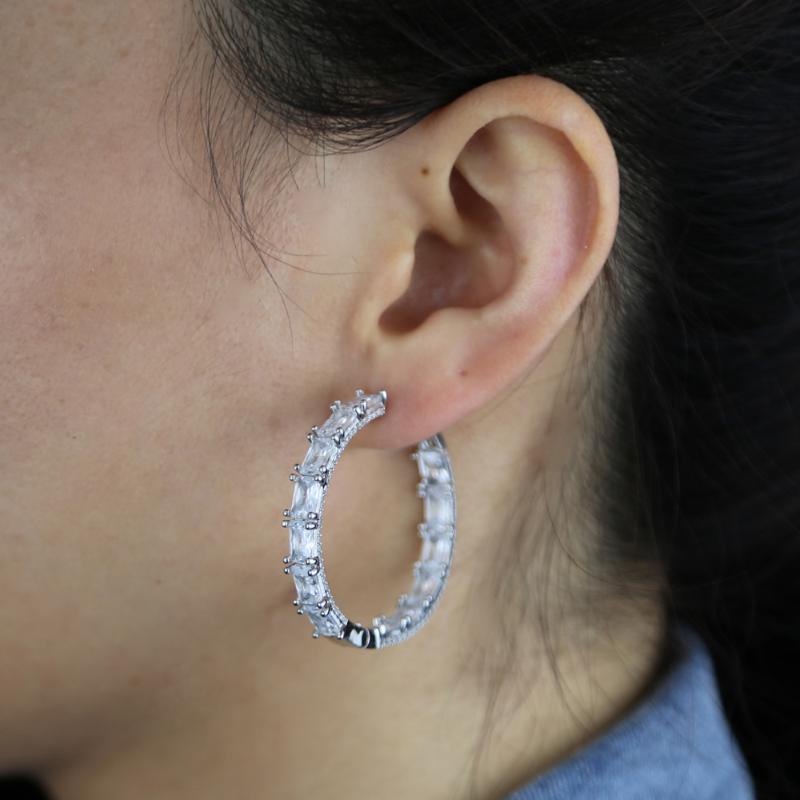 

Hoop & Huggie Iced Out Sparking Bling Cubic Zircon 5A Rectangle Baguette CZ Fashion Jewelry Medium Big 25mm 40mm Earring For Women