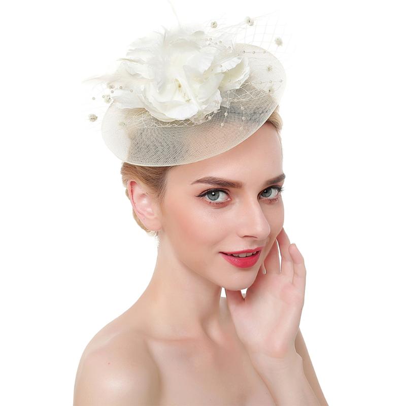 

Stingy Brim Hats Women Flower Fascinator Hat Cocktail Mesh Feathers Hair Accessories Bridal Wedding Elegant Charming With Clip Headban, White
