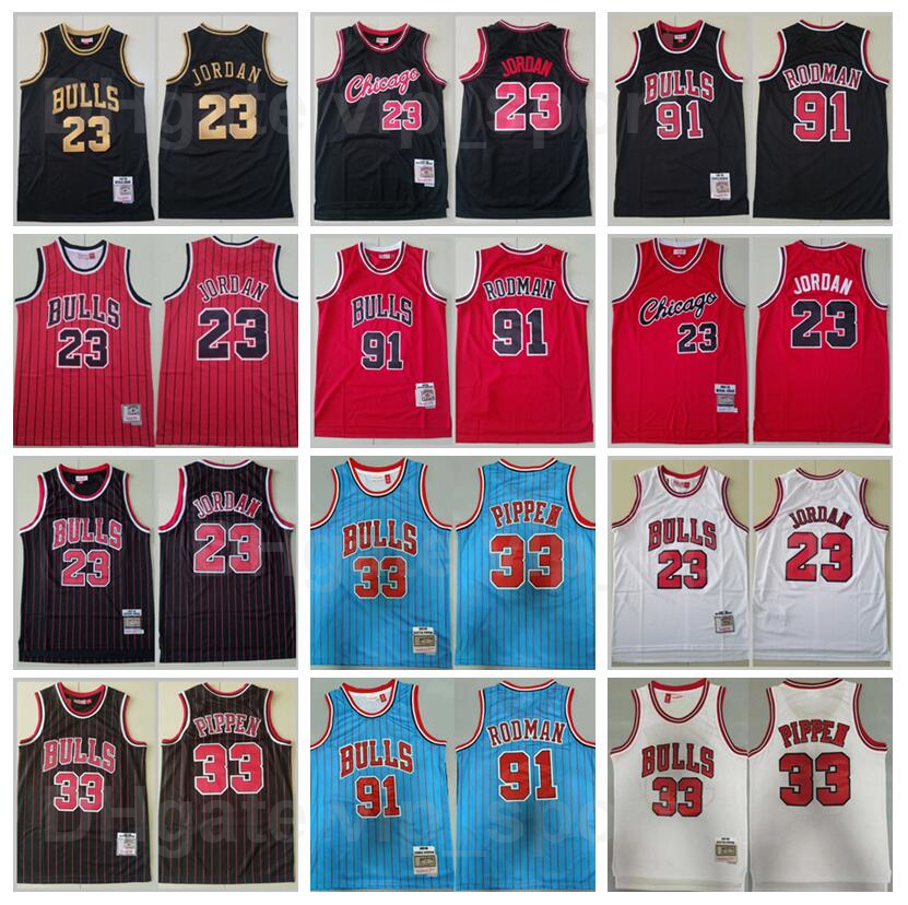 

Men Retro Basketball Michael Mitchell And Ness Jersey 23 Scottie Pippen 33 Dennis Rodman 91 Stripe Black Red White Blue Color Vintage Breathable Shirt High Quality, 23 red