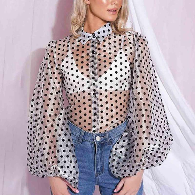 

Women's Blouses & Shirts Fashion Sexy Summer Blouse Transparent Lantern Long Sleeve Dot Perspective Loose Street Top Female Clothing 2021, White