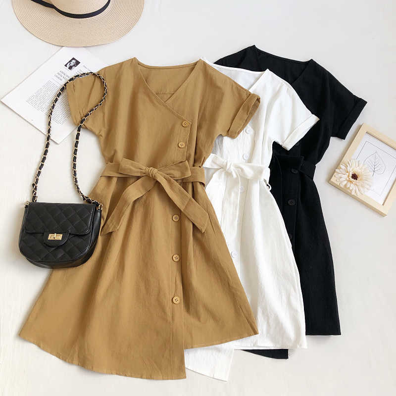 

LY VAREY LIN Summer Women Casual V-neck Irregular Single Breasted Short Dresses Office Lady High Waist Bandage 210526, Khaki