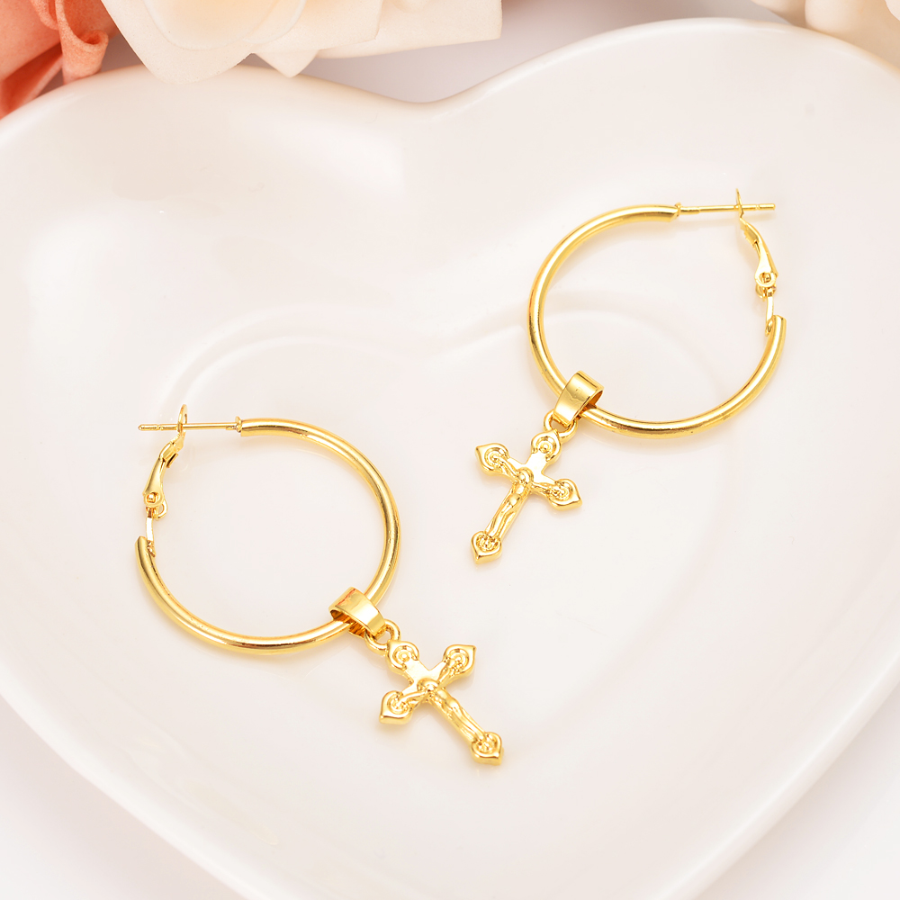 18 K Solid Gold Charm knot Cross Earrings Dangle & Chandelier Women Girl Special Design Christian party Jewelry Fine God Bless gifts-image-681614089
