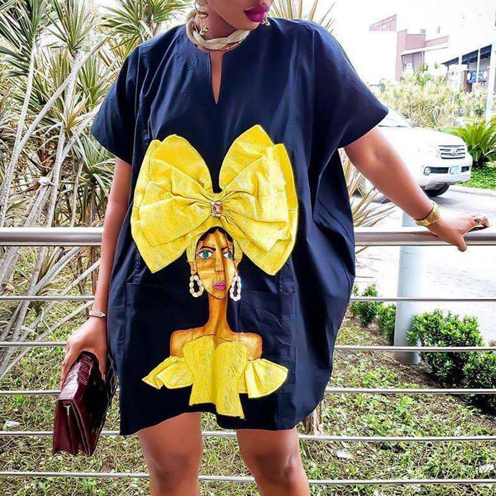 

Casual Oversize Character Print Women Dress Fashion Streetwear Loose Office Lady Mini Work Wear Vestidos Plus Size Summer Dress, Black 2
