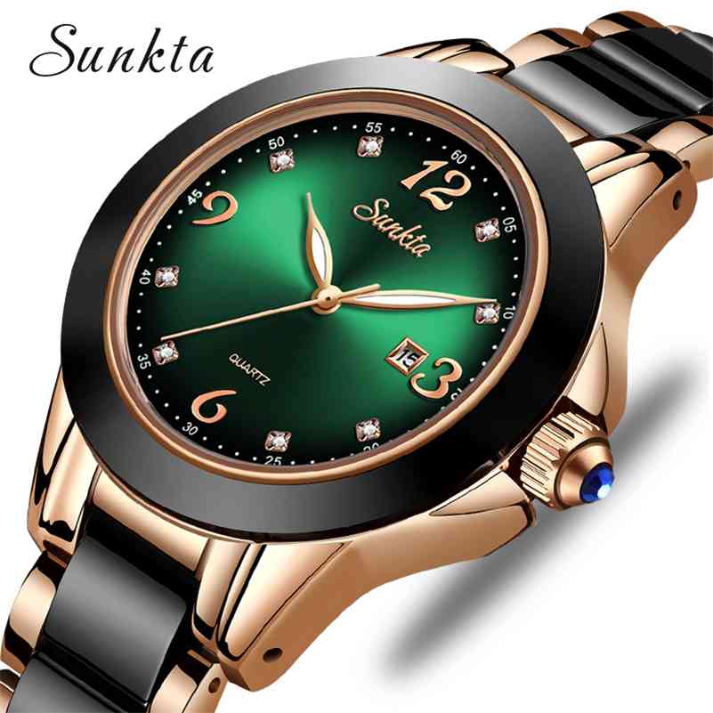 

SUNKTA Watch Women Fashion Luminous Hands Date Lndicator Stainless Steel Strap Quartz Wrist Watches Lady Green Water Ghost 210517, Rose gold green
