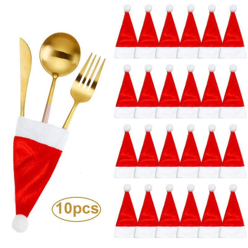 

Christmas Decorations 10pcs Fork Knife Cutlery Holder Bag Santa Hat Spoon Tableware Storage For Dinner Table Decor Pocket