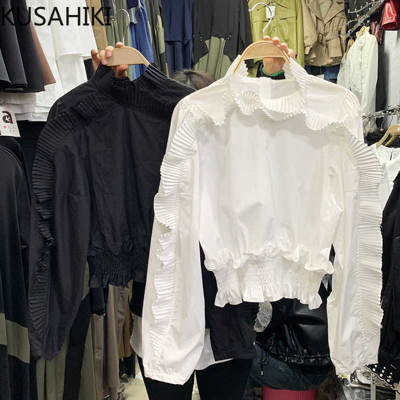 

Fashion Pleated Ruffle Patchwork Blouse Tops Korean Stand Neck Lantern Sleeve Shirt Spring Short Pullover Blusas 6F328 210603, Black