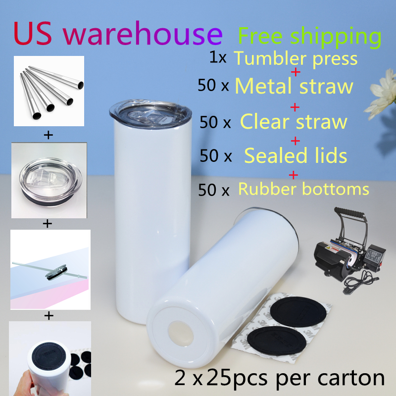

US warehouse Beginners Sets in 1 order ! 20oz Sublimation straight tumblers colorful tumbler press metal clear straws rubber bottoms sealed