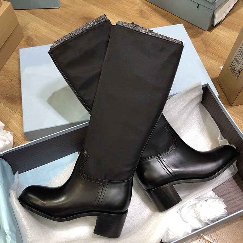 

Women Knight the knee Martin Boots re-nylon brushed leather ankle boot Top Quality Black Cloth chunky heels Platform Shoes Slip-on high-High Combat booties With Box 334