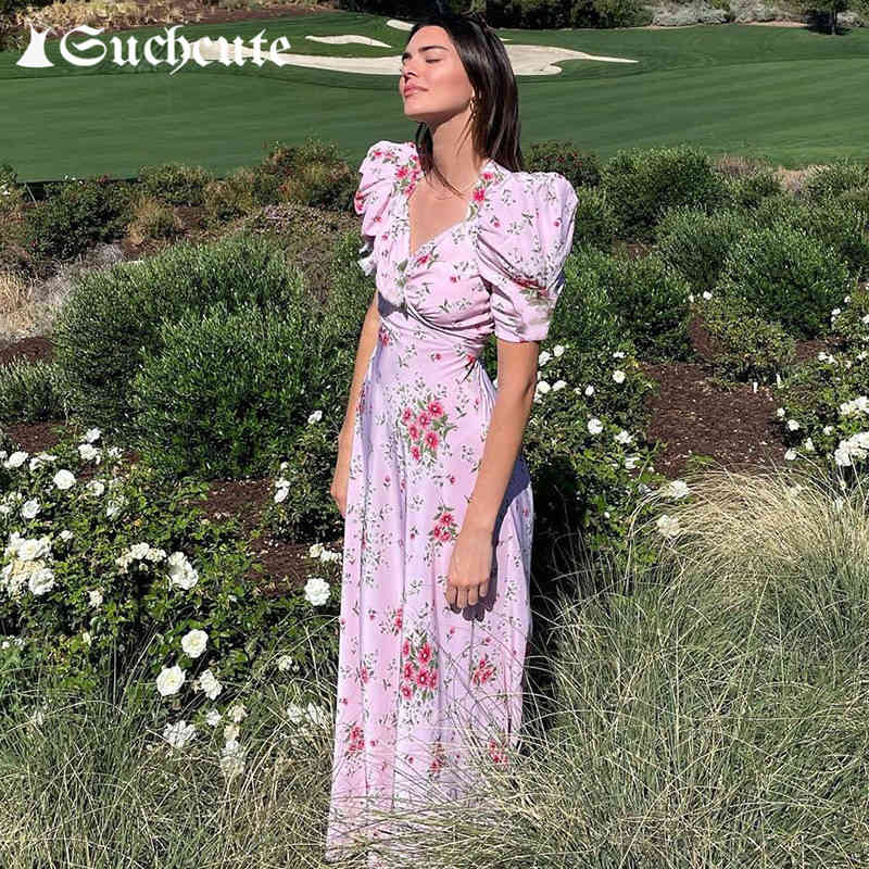 

Casual Dresses Vintage Flower Print Aesthetic Long For Women Summer Beachwear Puff Sleeve Pink Holiday Dress E6PB