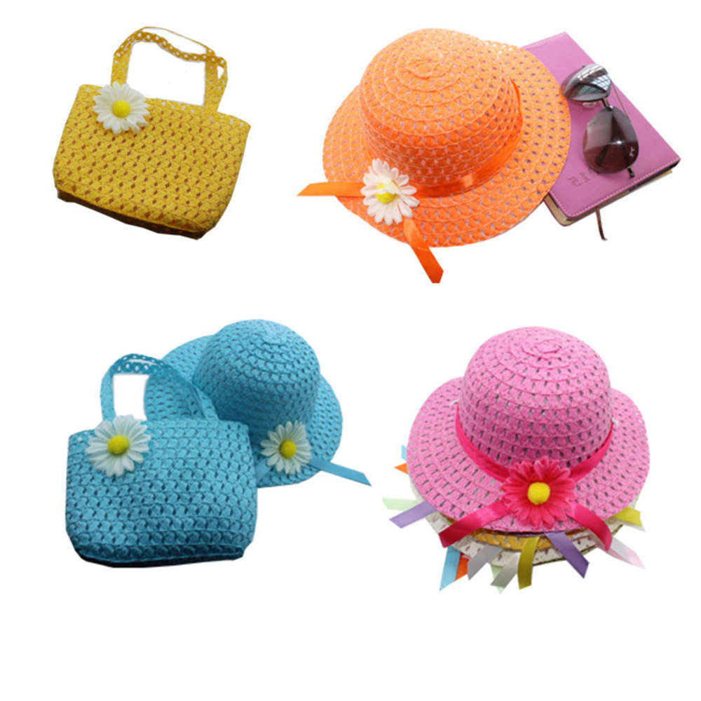 

Sun hat for children Spring and summer Korean children's straw handbag set sunflower baby basin outdoor sunshade hat, Yellow