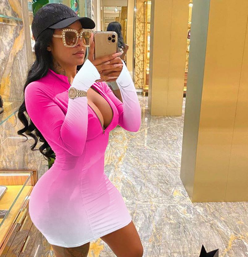 

autumn women womens dress gradient zipper up long sleeve mini bodycon midi party bandage classic fashion dresses vestidos, Black;gray