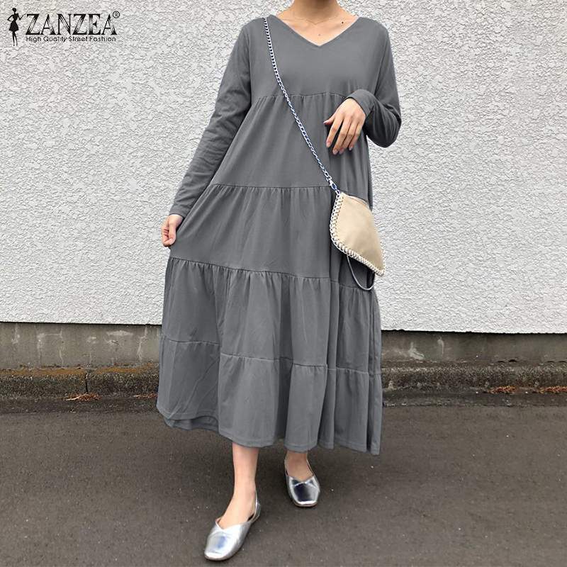 

Women' Blouses & Shirts Plus Size Casual Loose Sundress Women Stylish Ruffles Dress ZANZEA Autumn V Neck Long Sleeve Solid Party, Black
