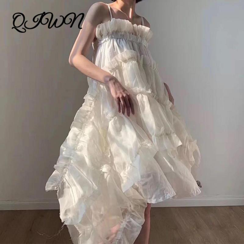 

Casual Dresses Brand Irregular Suspender Backless Pleated Lace Midi Dress Black White Women Sexy Party Clothing Summer Runway Vestidos QLXD