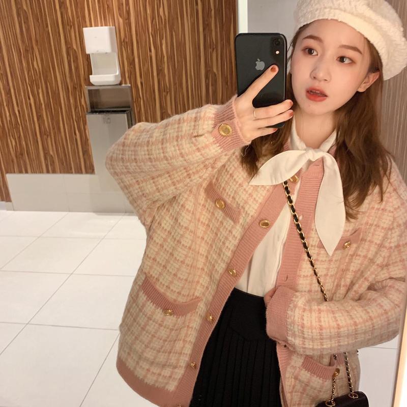 

: . Fold A Package Mail Small Sweet Girl Autumn Long Sleeve Knitted Cardigan Coat 210429, Black