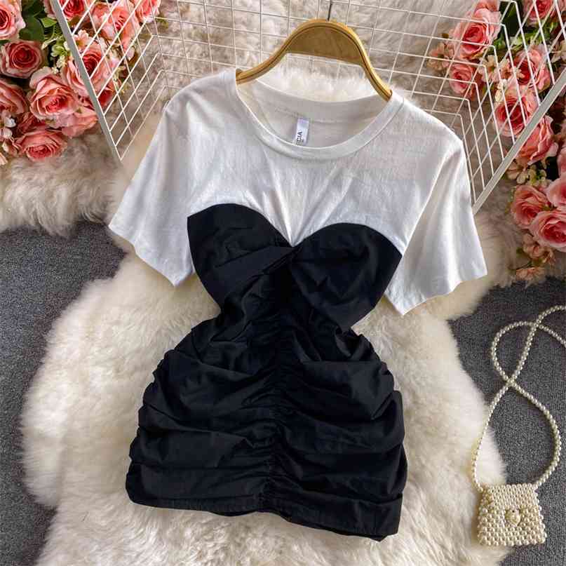 

Hit Color Patchwork Ruched Top Women O-neck Short Sleeve Slim T-shirt Female Summer Fashion Pleated Work Tops 210603, Black