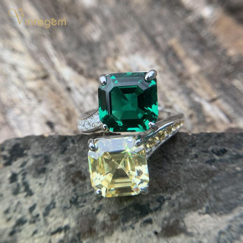 

Cluster Rings Vinregem Luxury 100% 925 Sterling Silver Asscher Cut Emerald Citrine Gemstone Wedding Engagement Personality Fine Jewelry, Golden;silver