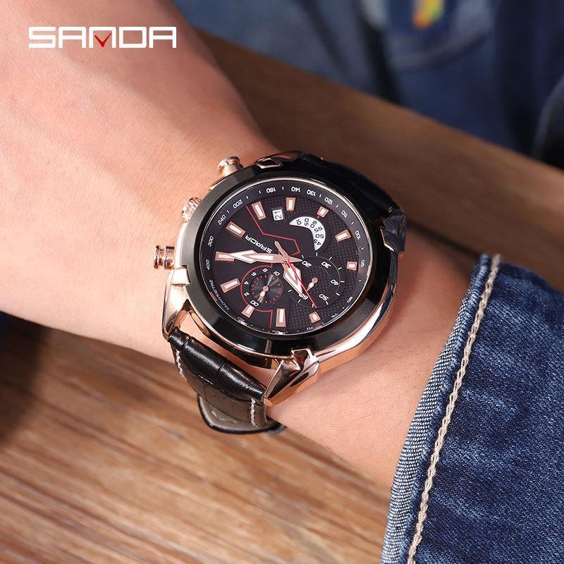 

Wristwatches Sanda Multi-function Six-pin Calendar Sports Watch Men Watches Casual Fashion Leather Strap Waterproof Unique Male, Cg