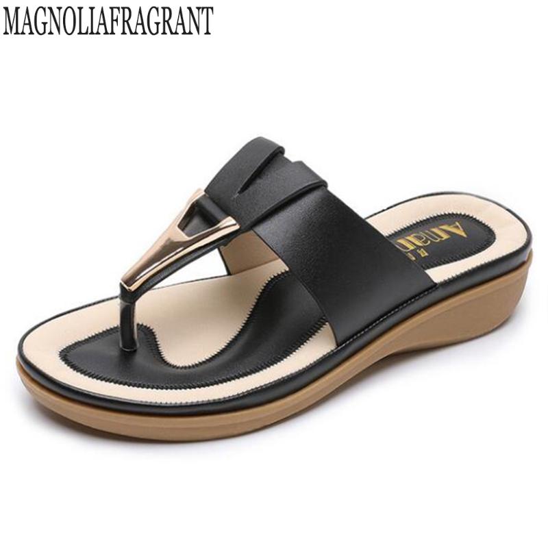 

Slippers Bohemian Beach Flat-soled Shoes Fashionable Women's Flip Flops Outside Wear Sandals Metal Decoration Wedge Hy165, Black
