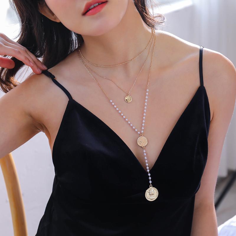 

Chokers Wholesale Fashion Necklace Vintage Coin Pendant Multi-Layer Twin Pearl Women
