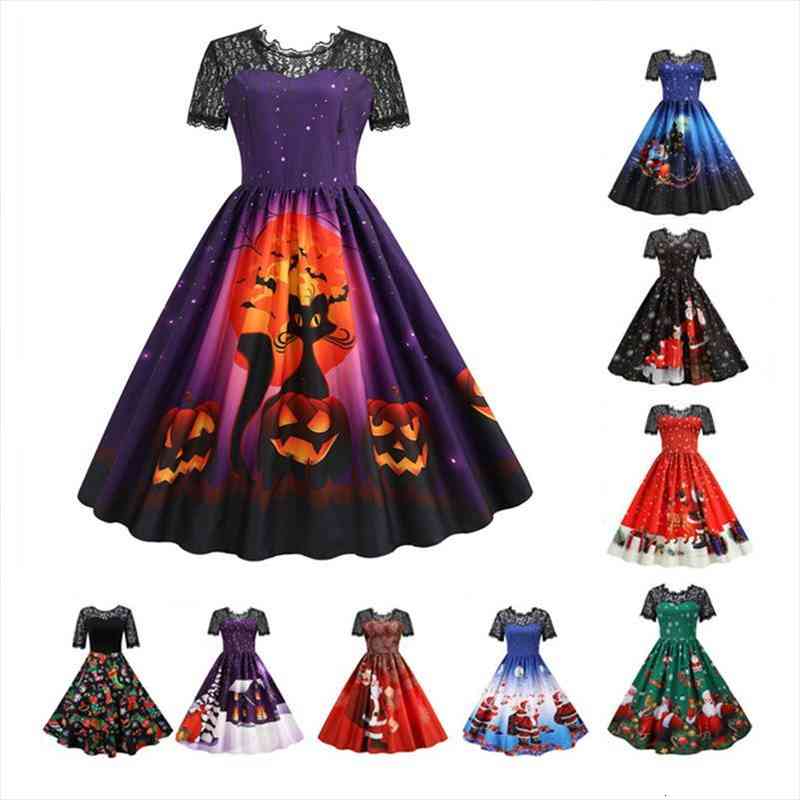 

women christmas dress vintage short sleeve lace evening party dresses tunic elegant sundress plus size s~3xl, Black;gray