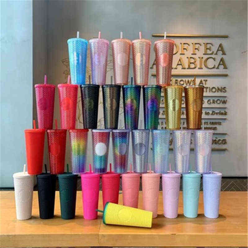 

Studded Cold With Starbucks Tumbler Cup 24oz 710ml Double Wall Matte Glow In Dark Coffee Mug Plastic With Straw H1102, 24oz with logo