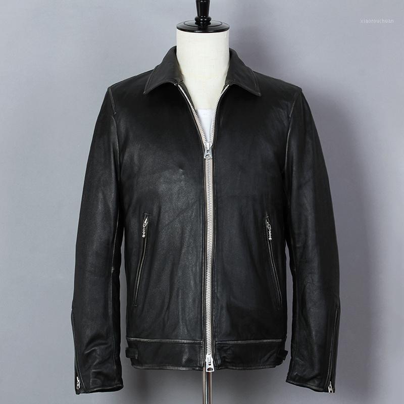 

Men's Leather & Faux 2021 Casual Vintage Genuine Jacket Men Slim Fit Sheepskin Real Coat Motorcycle Biker Clothing For Male, Black