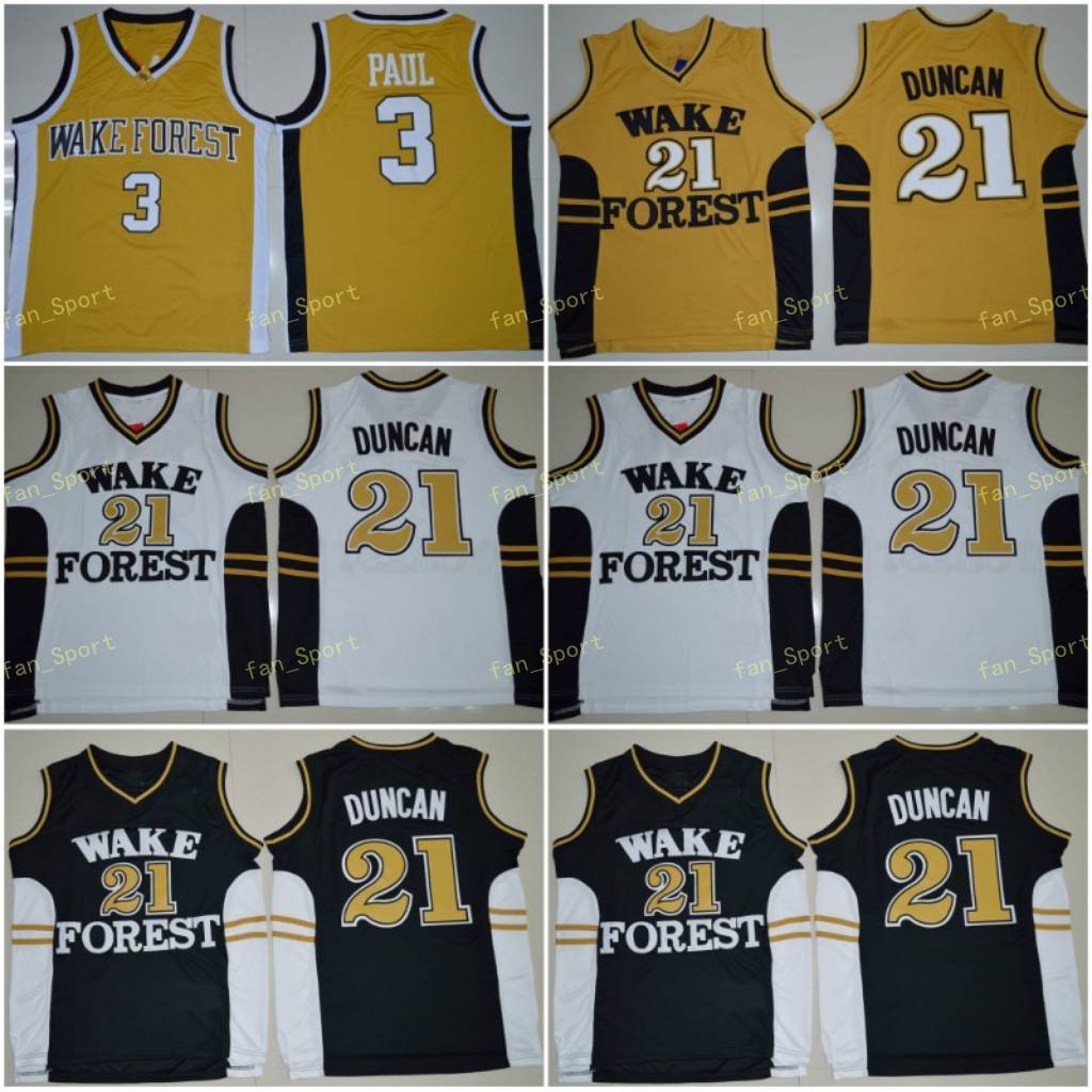 

NCAA College Men Basketball Tim Duncan Jerseys 21 Wake Forest Demon Deacons Chris Paul Jersey 3 University Yellow Black White Color, As