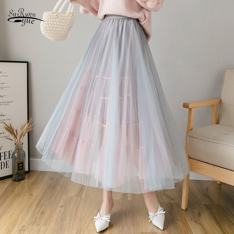 

Skirts for Women Spring Summer Style High Waist Pleated Mesh Solid Color Half Length Elastic Skirt 8962 50 210521, Grey apricot