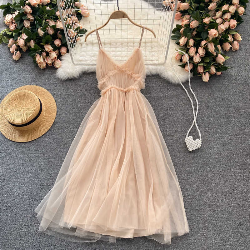 

Summer Black/Beige Mesh Spaghetti Strap Dress Women Sexy V-Neck Ruffle High Waist Vestidos Beach Vacation Robe Female 2021 New Y0603, Apricot