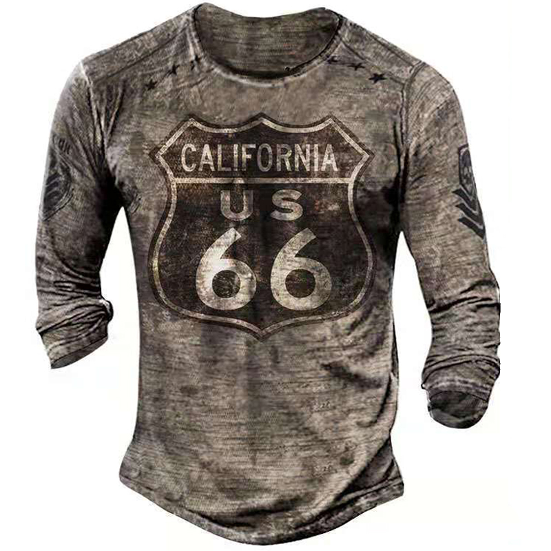

Retro Moto Oil Print T-shirt 2021 Harajuku Design Road 66 Pattern Mens Long-sleeved T-shirt Autumn New Pullover Top Clothes, A005