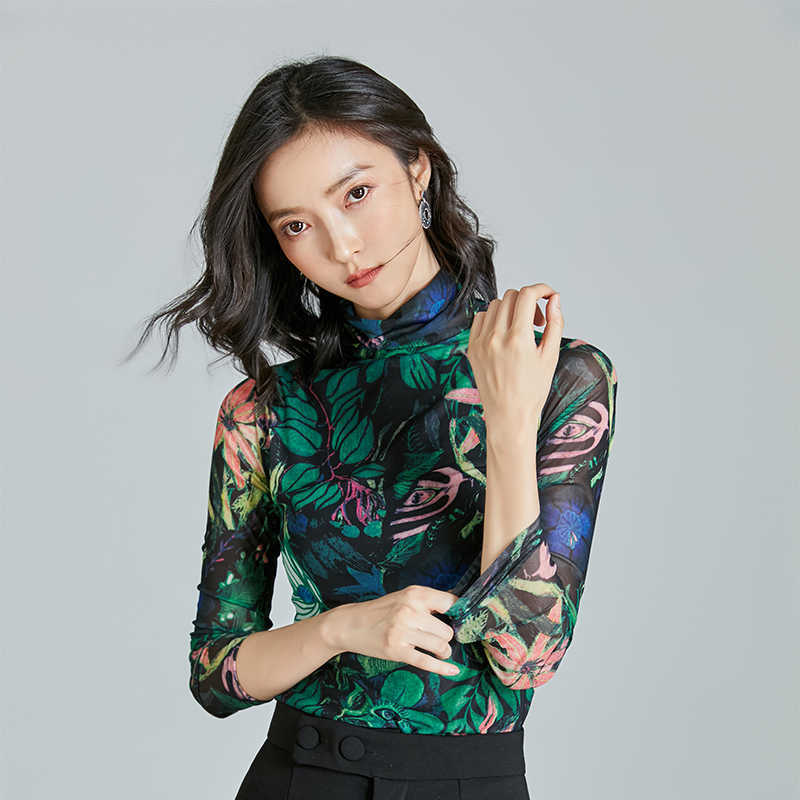 

Korean Women Blouses Tops Woman Turtleneck Mesh Base Long Sleeve Print Blouse Top Plus Size Blusas Mujer De Moda 210604, Mixed